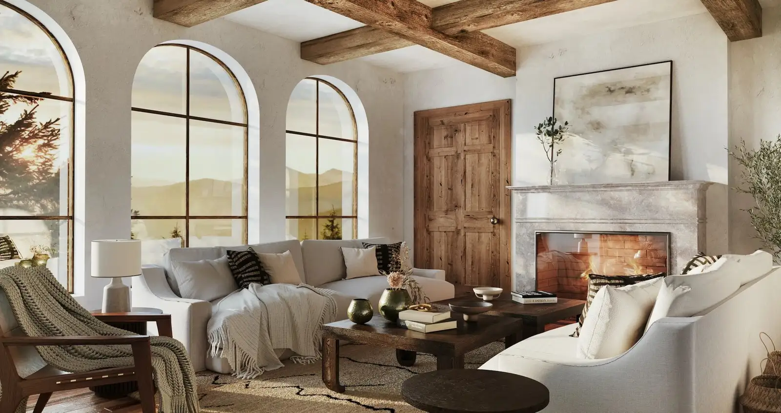 Sunlit organic modern living room with arched windows and natural wood